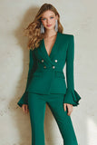 2 Piece Satin Dark Green Double Breasted Ruffle Sleeves Women Formal Suits