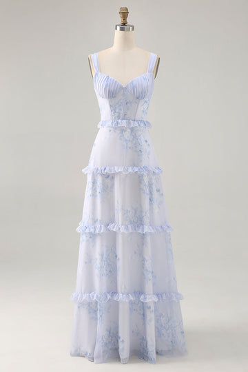 Blue Flower Ruffled Printed A Line Long Bridesmaid Dress