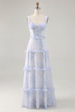 Blue Flower Ruffled Printed A Line Long Bridesmaid Dress