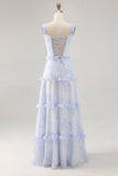 Blue Flower Ruffled Printed A Line Long Bridesmaid Dress
