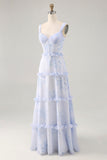 Blue Flower Ruffled Printed A Line Long Bridesmaid Dress