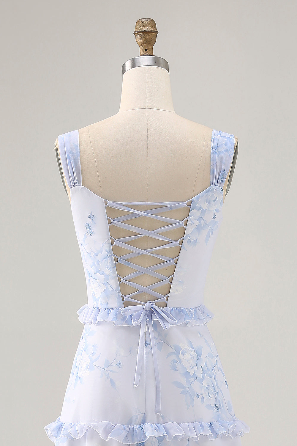 Blue Flower Ruffled Printed A Line Long Bridesmaid Dress