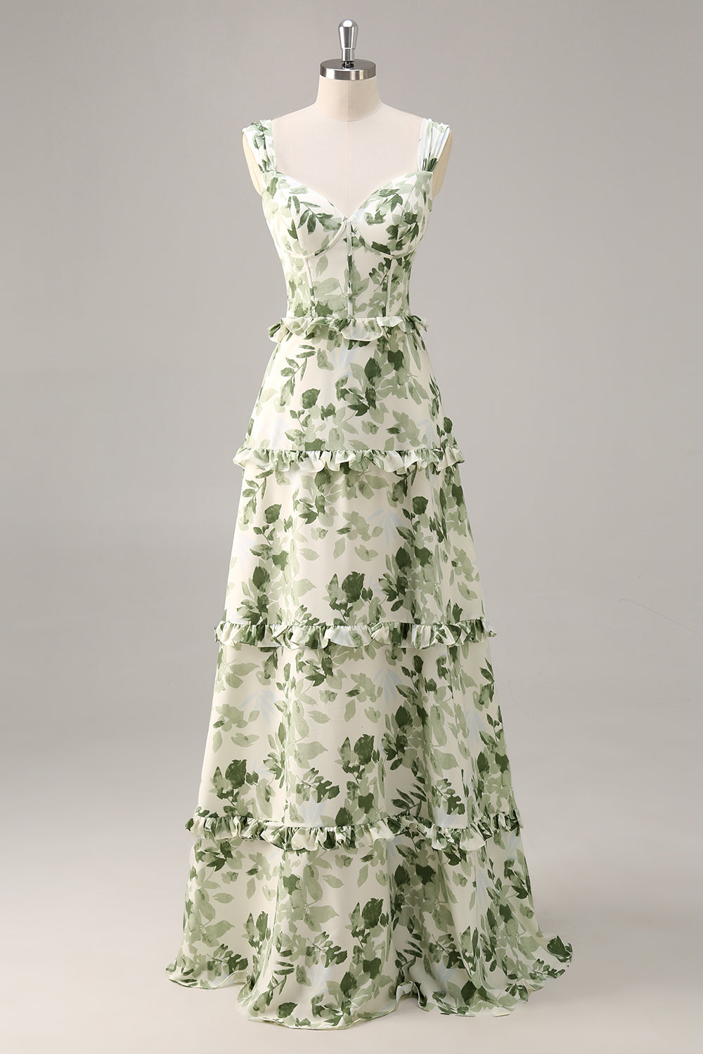 Green Floral Corset A Line Long Bridesmaid Dress with Ruffles