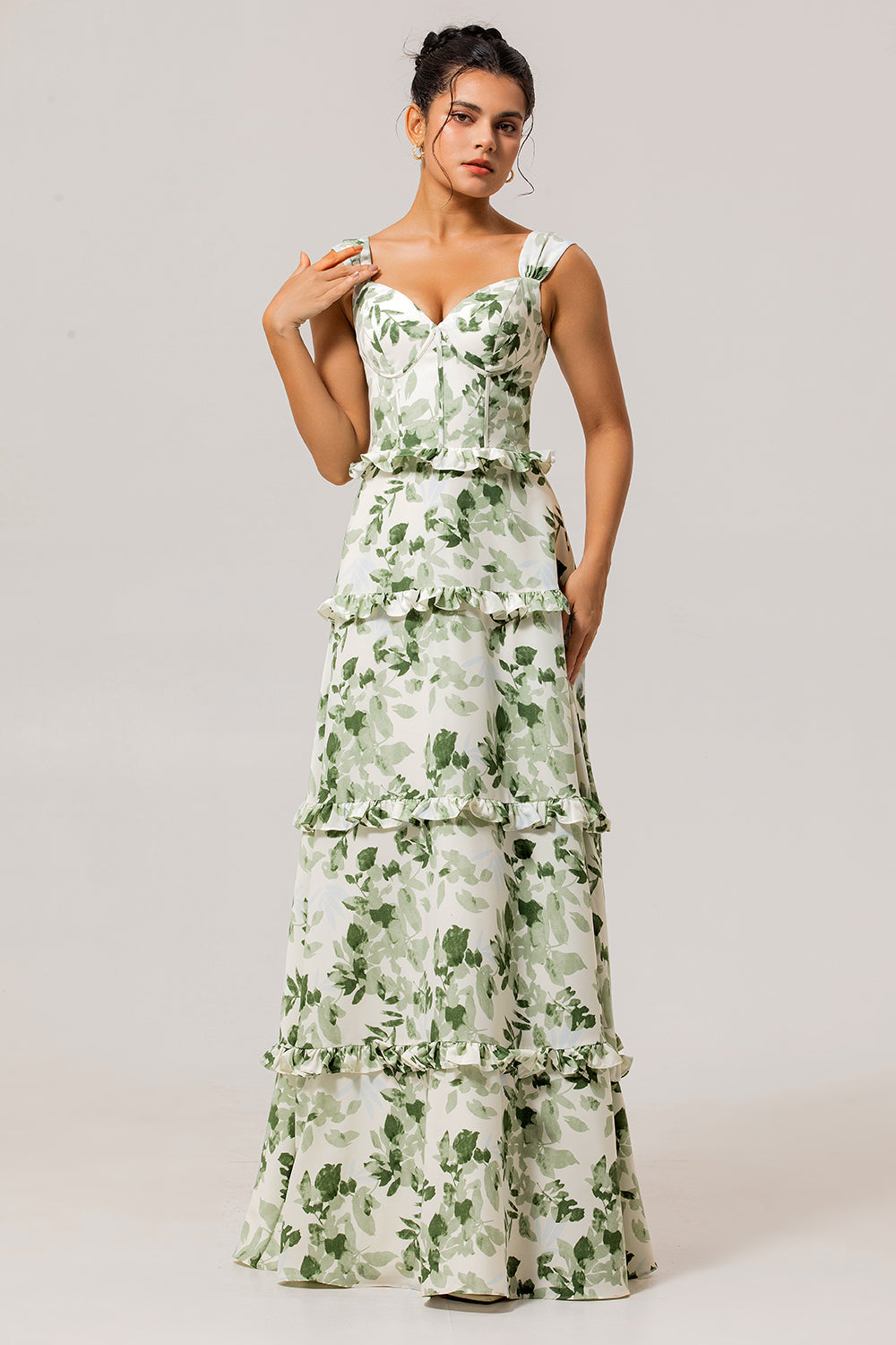 Green Floral Ruffled Corset A Line Long Bridesmaid Dress