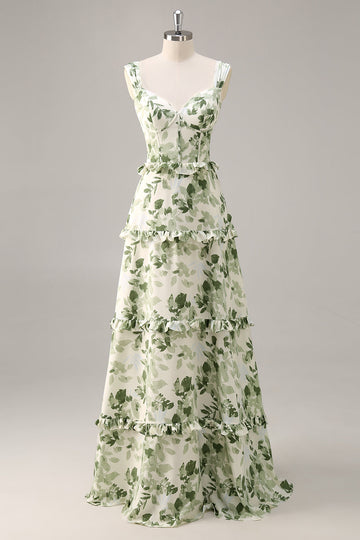 Green Floral Corset A Line Long Bridesmaid Dress with Ruffles