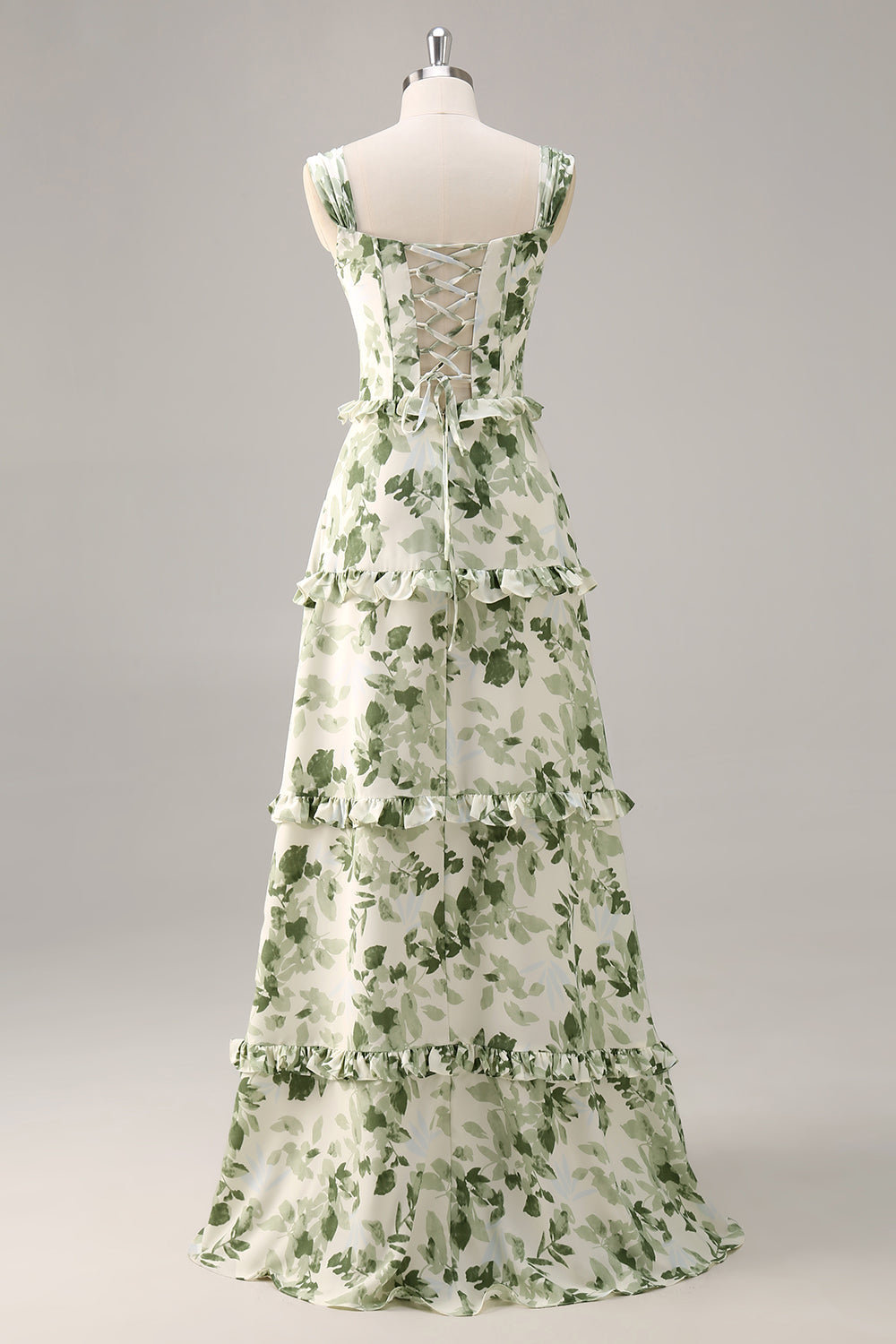 Green Floral Corset A Line Long Bridesmaid Dress with Ruffles