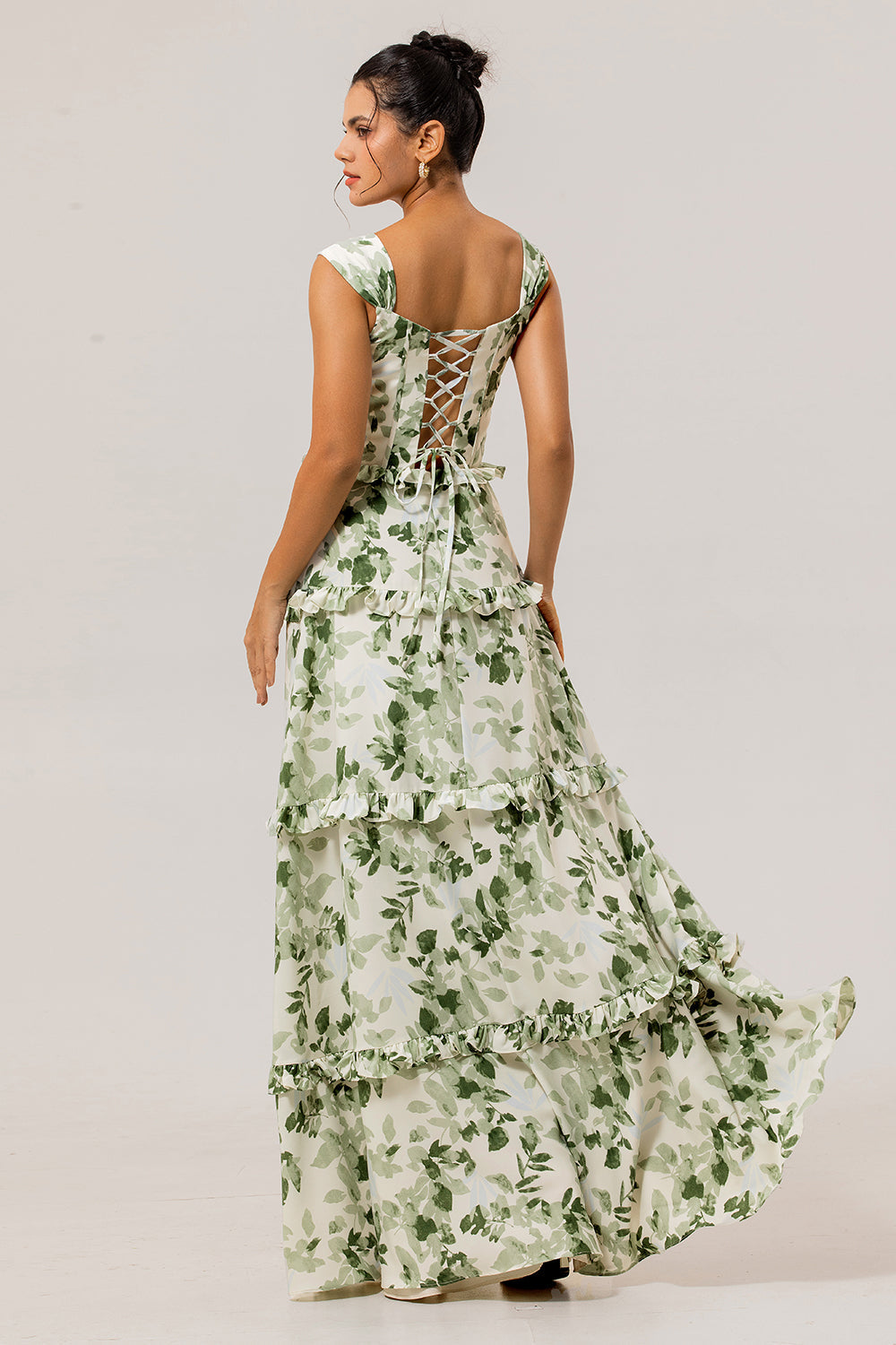 Green Floral Ruffled Corset A Line Long Bridesmaid Dress