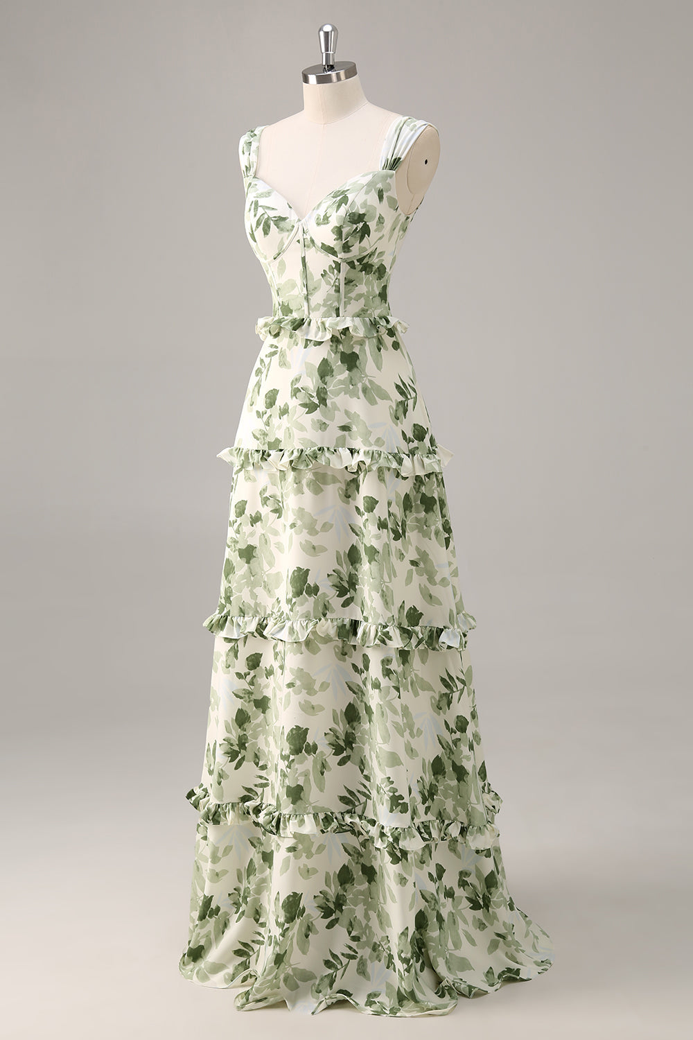 Green Floral Corset A Line Long Bridesmaid Dress with Ruffles