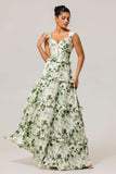 Green Floral Ruffled Corset A Line Long Bridesmaid Dress