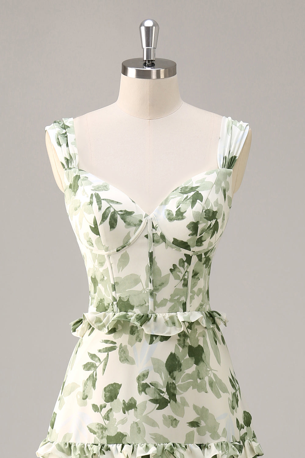 Green Floral Corset A Line Long Bridesmaid Dress with Ruffles