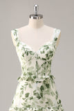 Green Floral Corset A Line Long Bridesmaid Dress with Ruffles