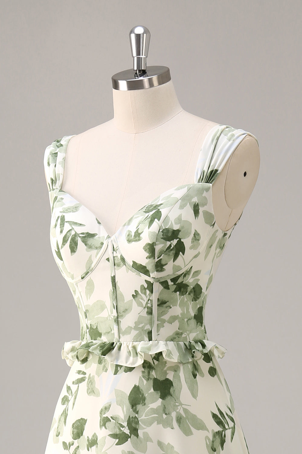 Green Floral Corset A Line Long Bridesmaid Dress with Ruffles