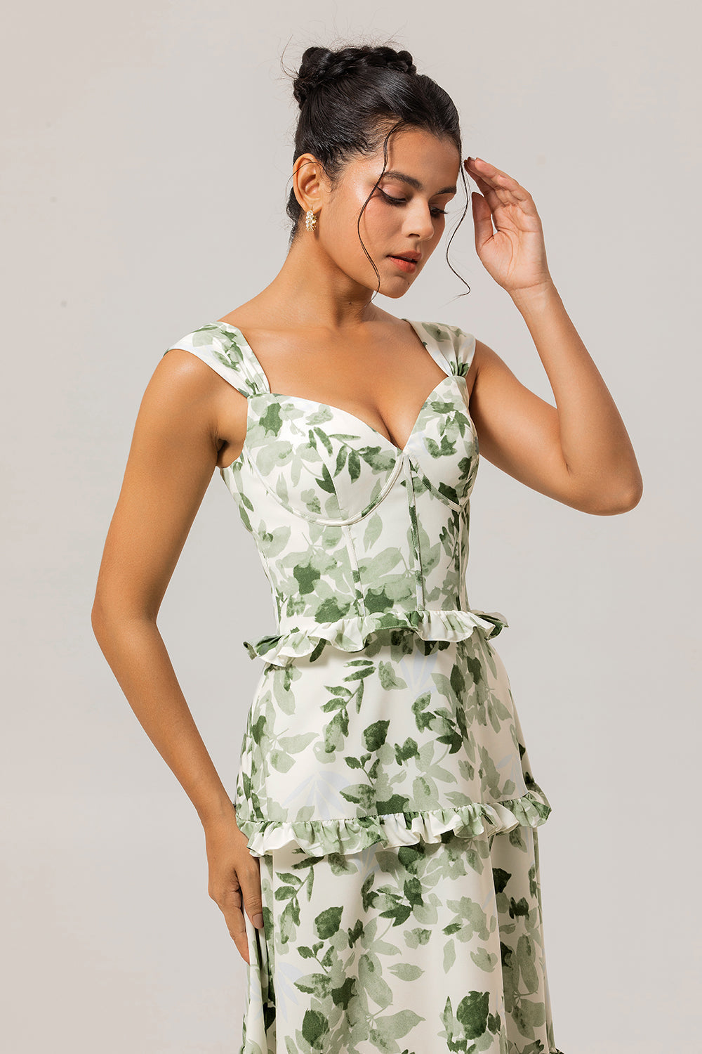 Green Floral Ruffled Corset A Line Long Bridesmaid Dress