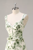 Green Floral Corset A Line Long Bridesmaid Dress with Ruffles