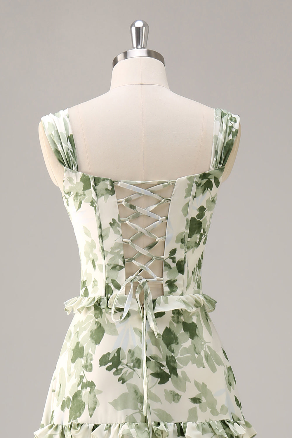 Green Floral Corset A Line Long Bridesmaid Dress with Ruffles
