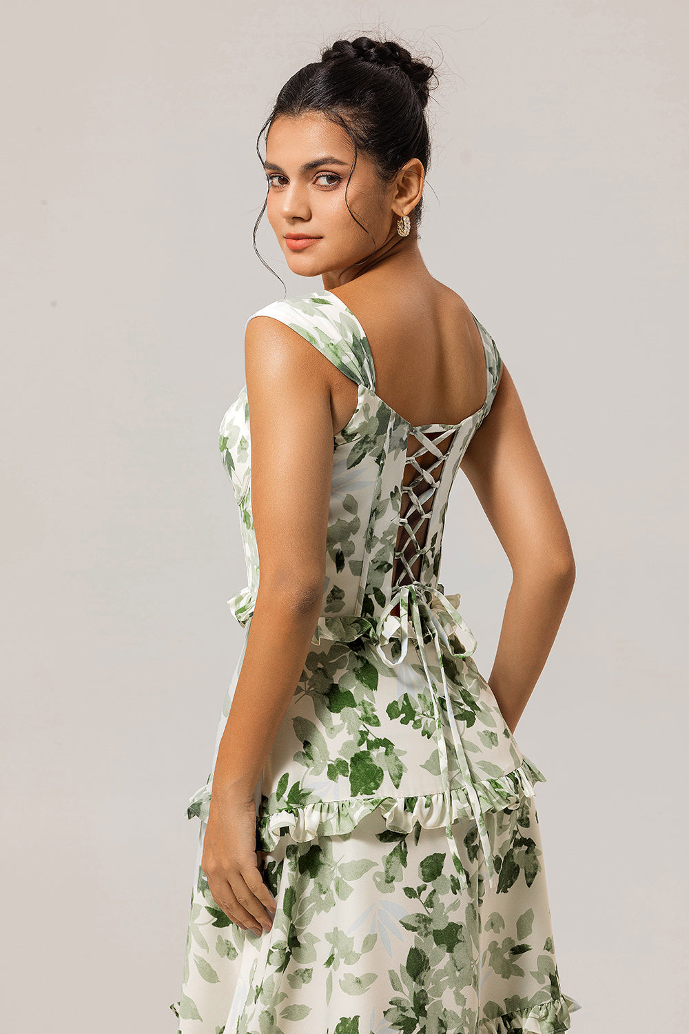 Green Floral Ruffled Corset A Line Long Bridesmaid Dress