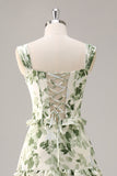 Green Floral Corset A Line Long Bridesmaid Dress with Ruffles