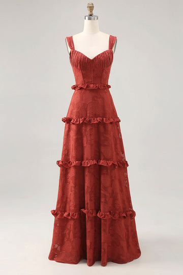 Terracotta Floral Corset Ruffled A Line Long Bridesmaid Dress