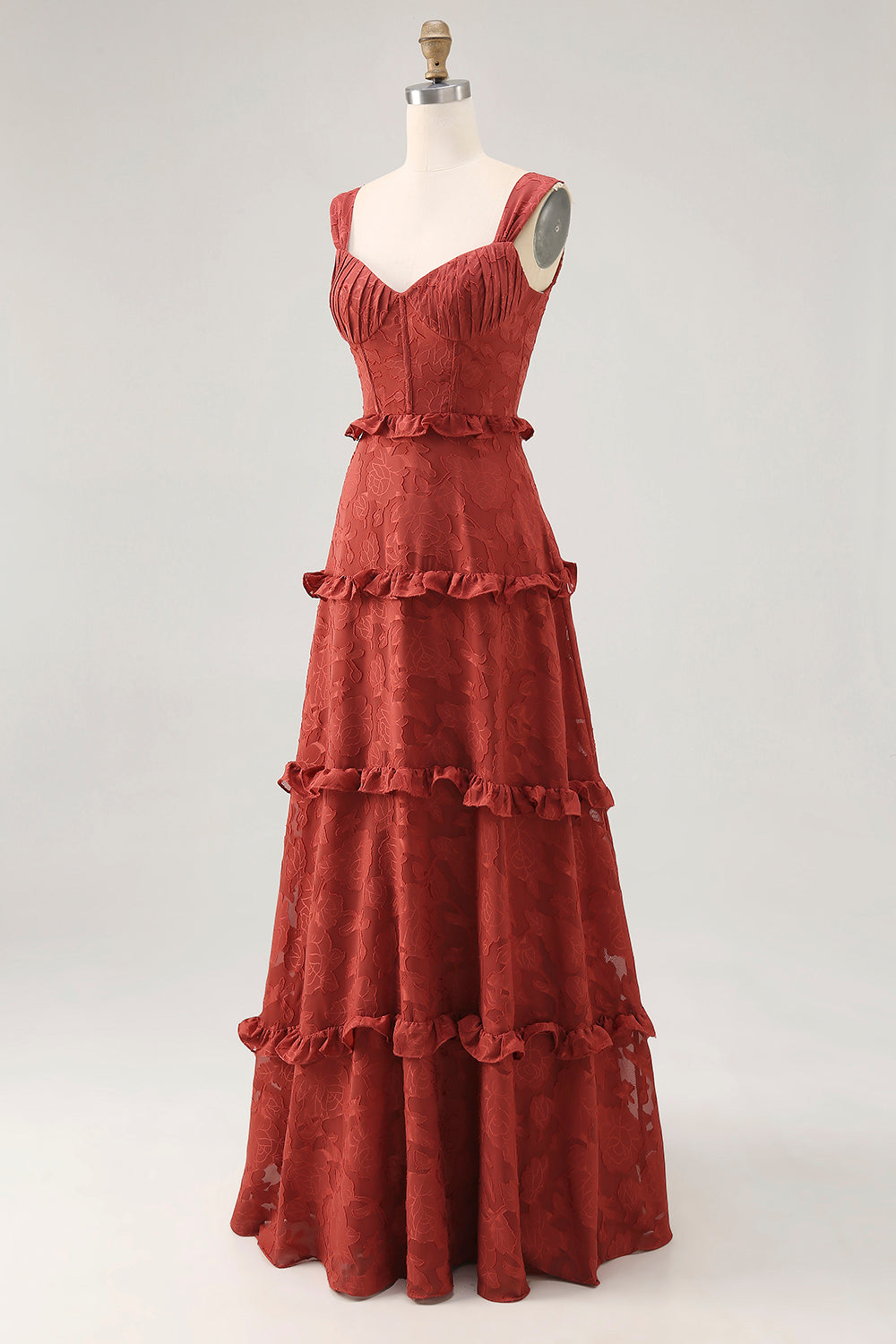 Terracotta Floral Corset Ruffled A Line Long Bridesmaid Dress