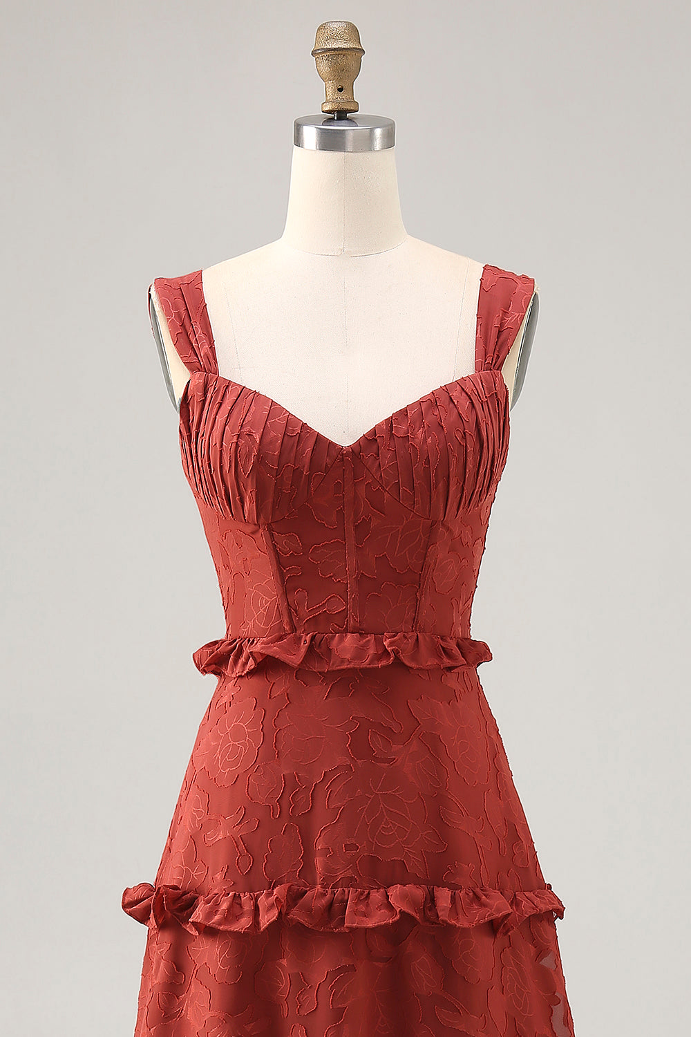 Terracotta Floral Corset Ruffled A Line Long Bridesmaid Dress