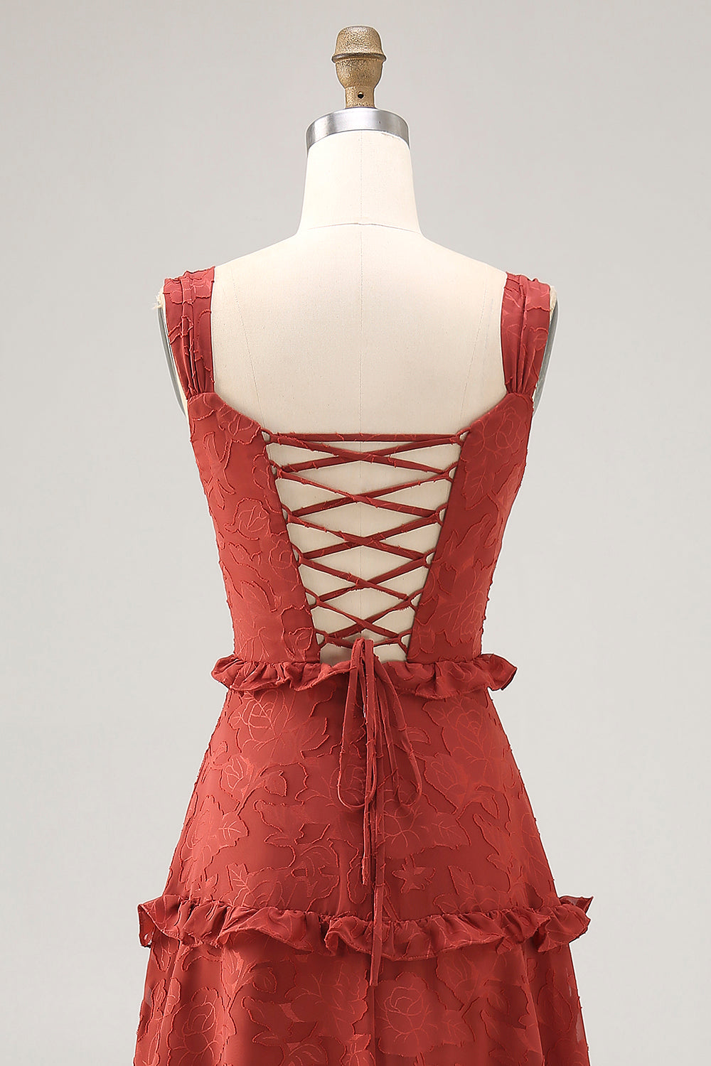 Terracotta Floral Corset Ruffled A Line Long Bridesmaid Dress