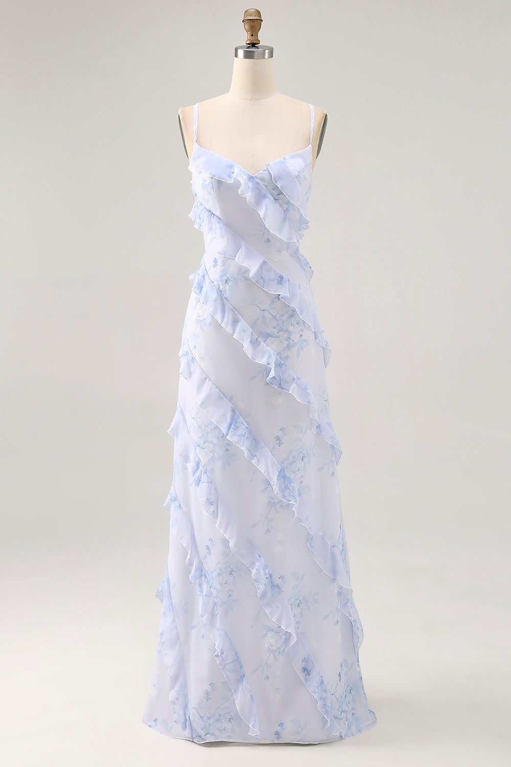 Blue Flower Spaghetti Straps Printed Long Bridesmaid Dress with Ruffles