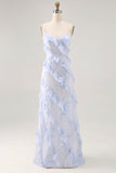 Blue Flower Spaghetti Straps Printed Long Bridesmaid Dress with Ruffles