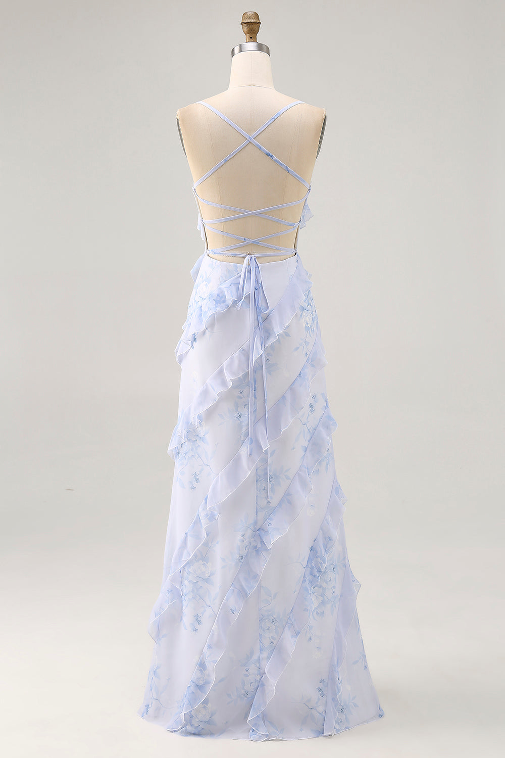 Blue Flower Spaghetti Straps Printed Long Bridesmaid Dress with Ruffles