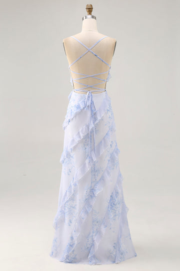 Blue Flower Spaghetti Straps Printed Long Bridesmaid Dress with Ruffles