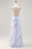 Blue Flower Spaghetti Straps Printed Long Bridesmaid Dress with Ruffles