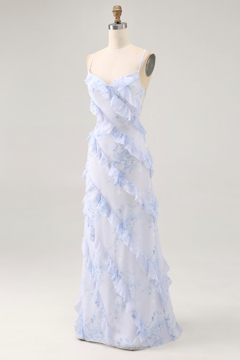 Blue Flower Spaghetti Straps Printed Long Bridesmaid Dress with Ruffles