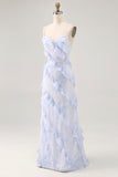 Blue Flower Spaghetti Straps Printed Long Bridesmaid Dress with Ruffles