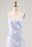 Blue Flower Spaghetti Straps Printed Long Bridesmaid Dress with Ruffles