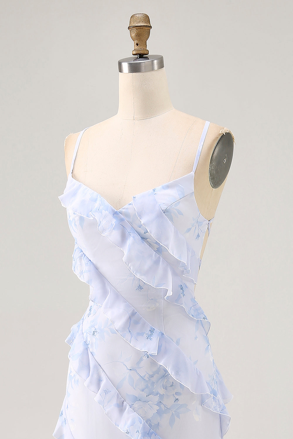 Blue Flower Spaghetti Straps Printed Long Bridesmaid Dress with Ruffles