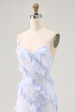Blue Flower Spaghetti Straps Printed Long Bridesmaid Dress with Ruffles
