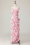 Blush Floral Sheath Spaghetti Straps Ruffled Long Bridesmaid Dress with Slit