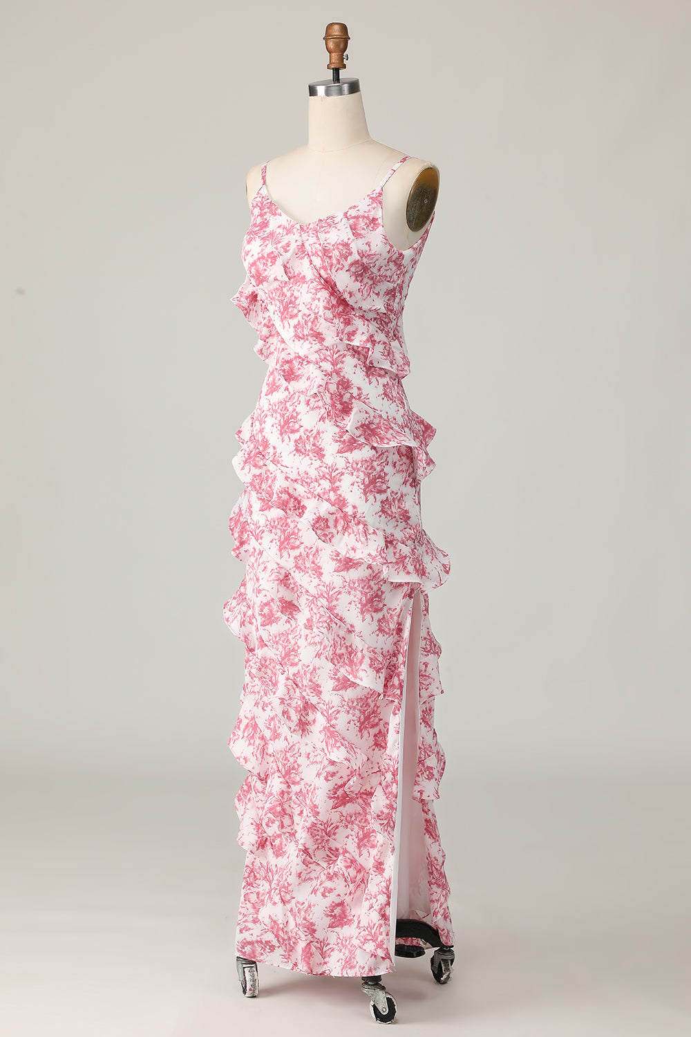 Blush Floral Sheath Spaghetti Straps Ruffled Long Bridesmaid Dress with Slit