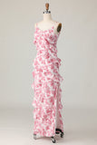 Blush Floral Sheath Spaghetti Straps Ruffled Long Bridesmaid Dress with Slit