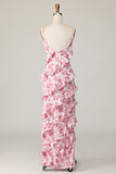 Blush Floral Sheath Spaghetti Straps Ruffled Long Bridesmaid Dress with Slit