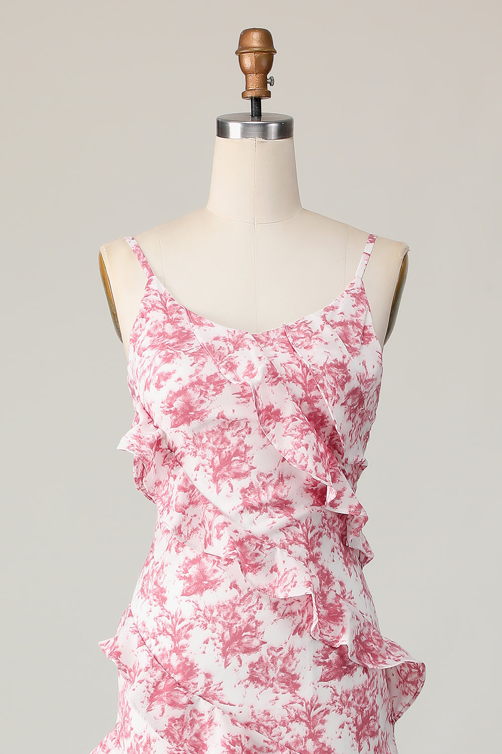 Blush Floral Sheath Spaghetti Straps Ruffled Long Bridesmaid Dress with Slit