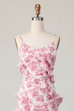 Blush Floral Sheath Spaghetti Straps Ruffled Long Bridesmaid Dress with Slit