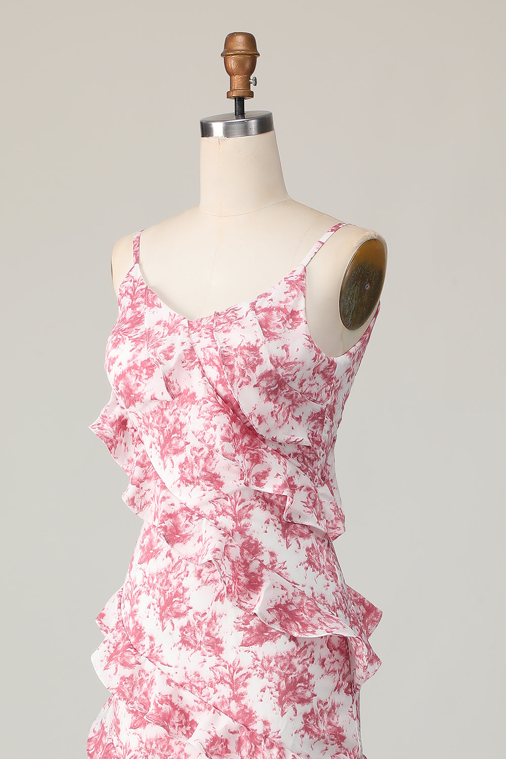 Blush Floral Sheath Spaghetti Straps Ruffled Long Bridesmaid Dress with Slit
