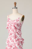 Blush Floral Sheath Spaghetti Straps Ruffled Long Bridesmaid Dress with Slit