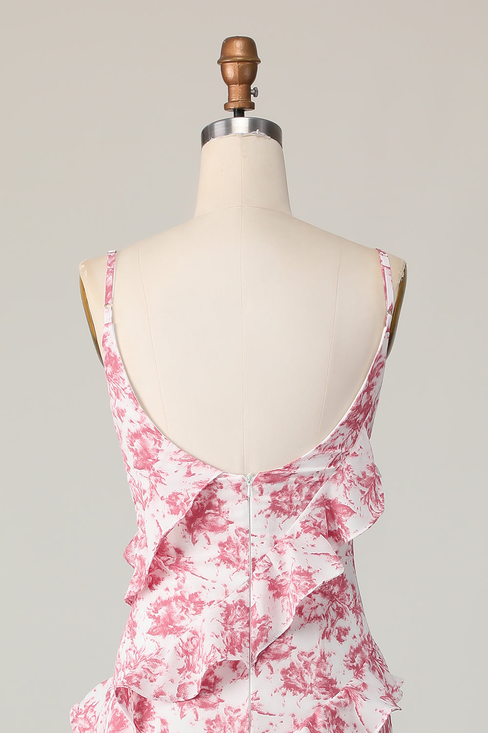 Blush Floral Sheath Spaghetti Straps Ruffled Long Bridesmaid Dress with Slit