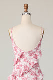 Blush Floral Sheath Spaghetti Straps Ruffled Long Bridesmaid Dress with Slit