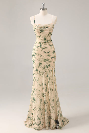 Champagne Floral Mermaid Long Bridesmaid Dress with Slit