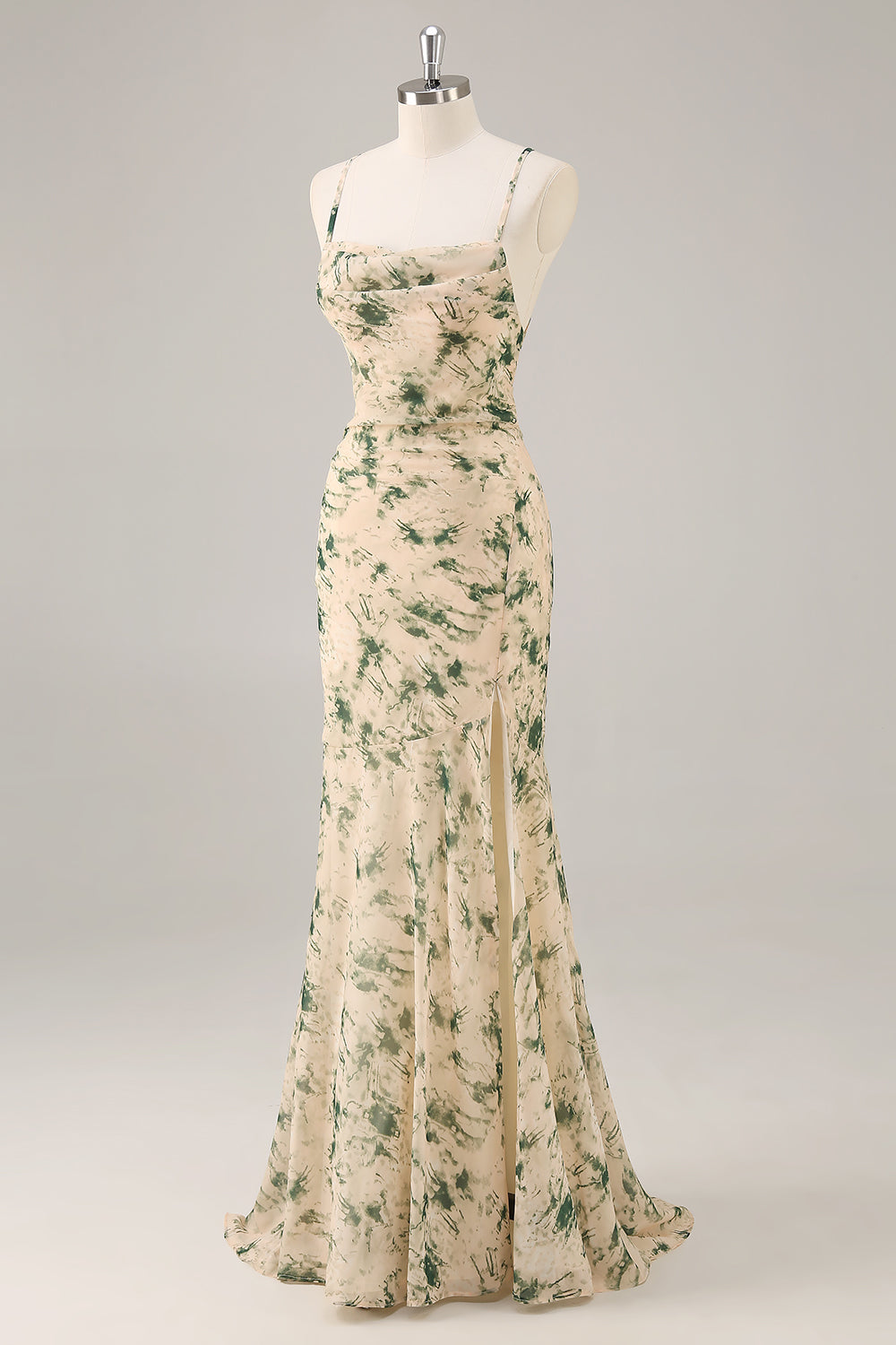 Champagne Floral Mermaid Long Bridesmaid Dress with Slit