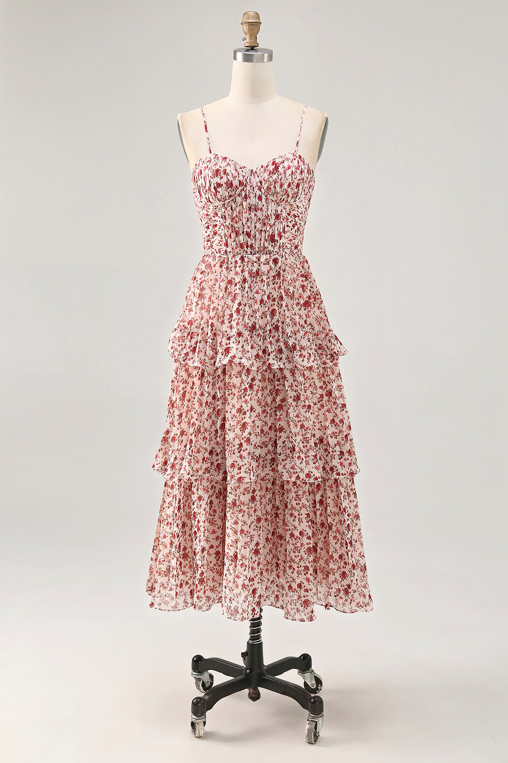 Blush Flower A Line Printed Tiered Midi Bridesmaid Dress