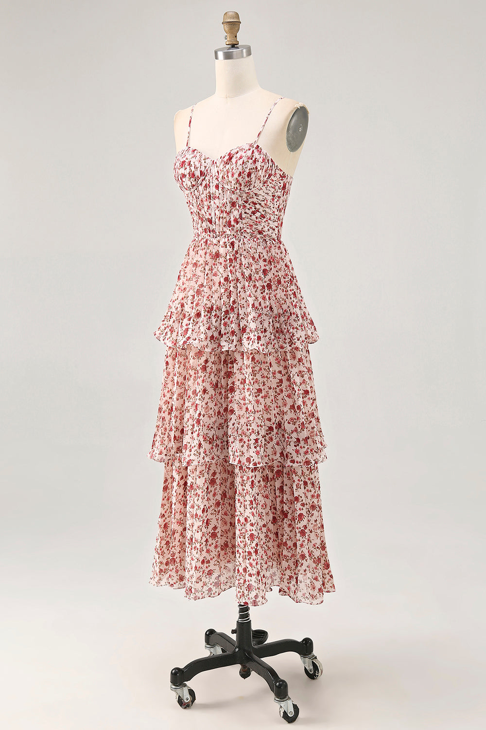Blush Flower A Line Printed Tiered Midi Bridesmaid Dress