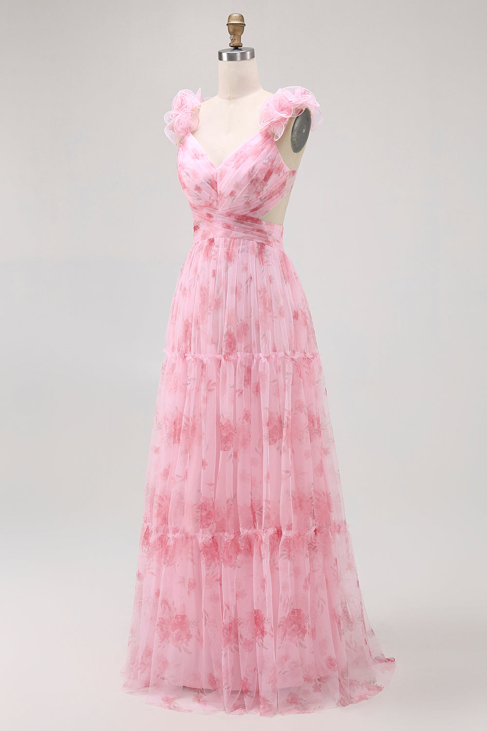 Blush Floral Printed A Line Tulle Long Bridesmaid Dress with Ruffles